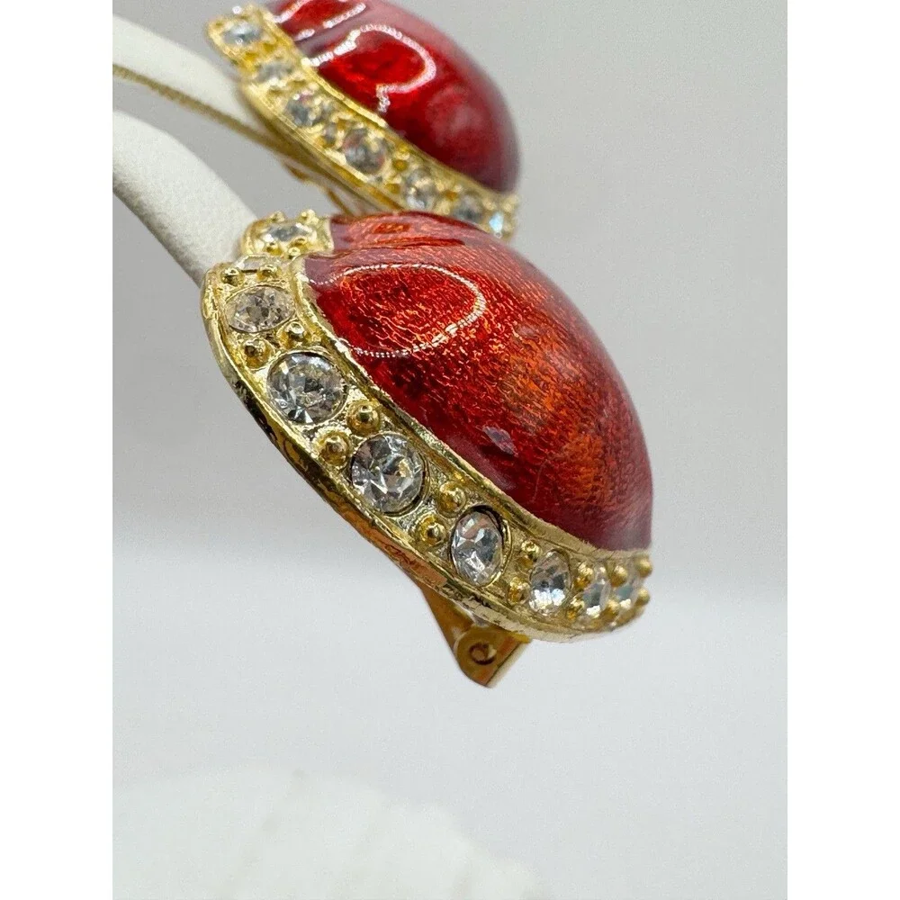 Vintage Victoria's Secret Red Enamel Puff Heart Clip on Earrings Rhinestone
